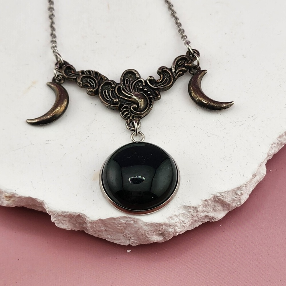 Black Cabochon Crescent Moon Pendant Necklace Gothic Celestial Baroque Jewelry